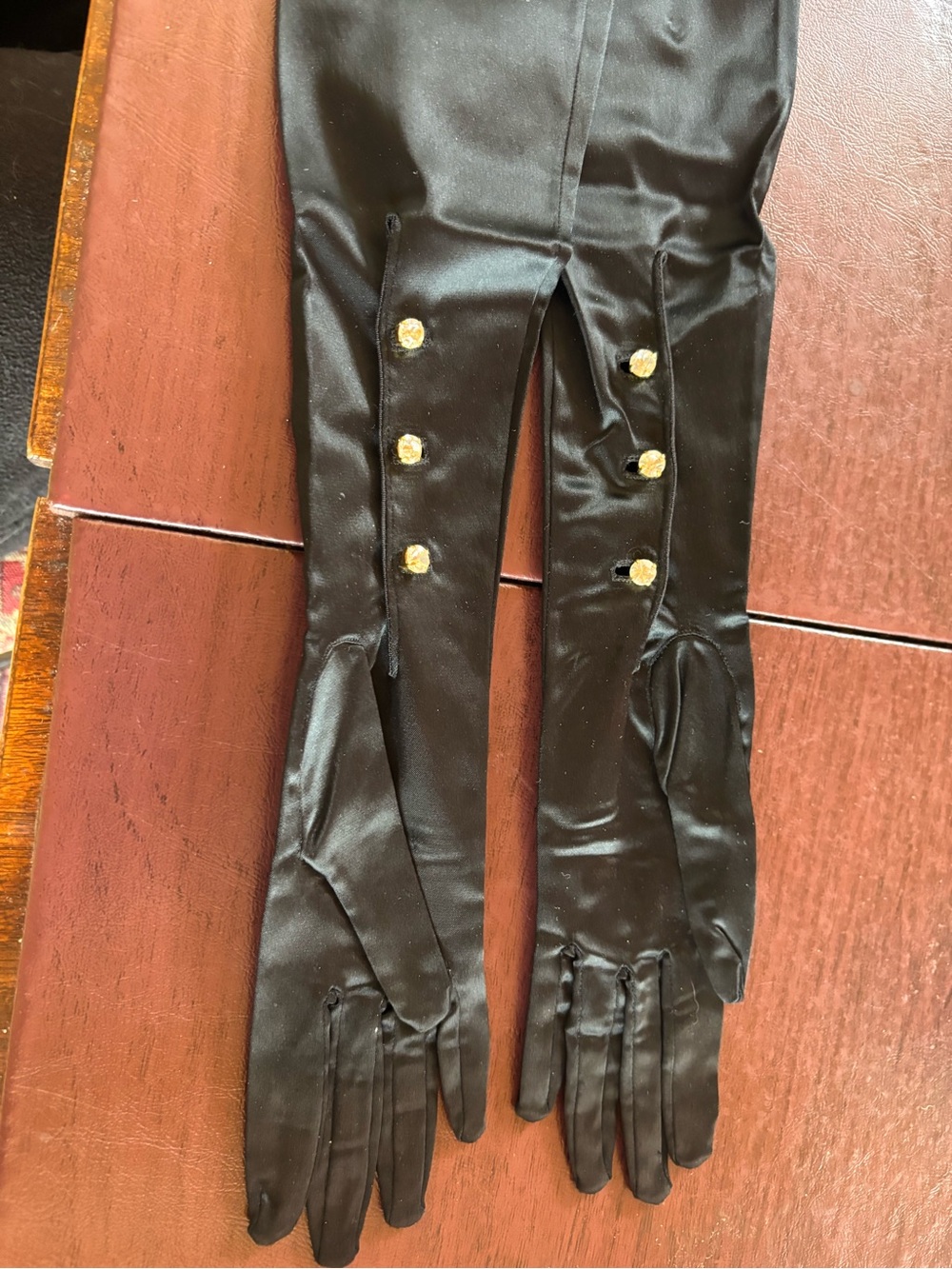 Vintage Kay Fuchs Black Stretch Satin Opera Gloves | 3 Gold Buttons | Size M - Picture 2 of 8